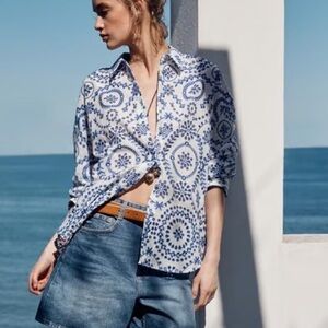 Zara Eyelet Embroidered Button-Down Shirt in Blue and White